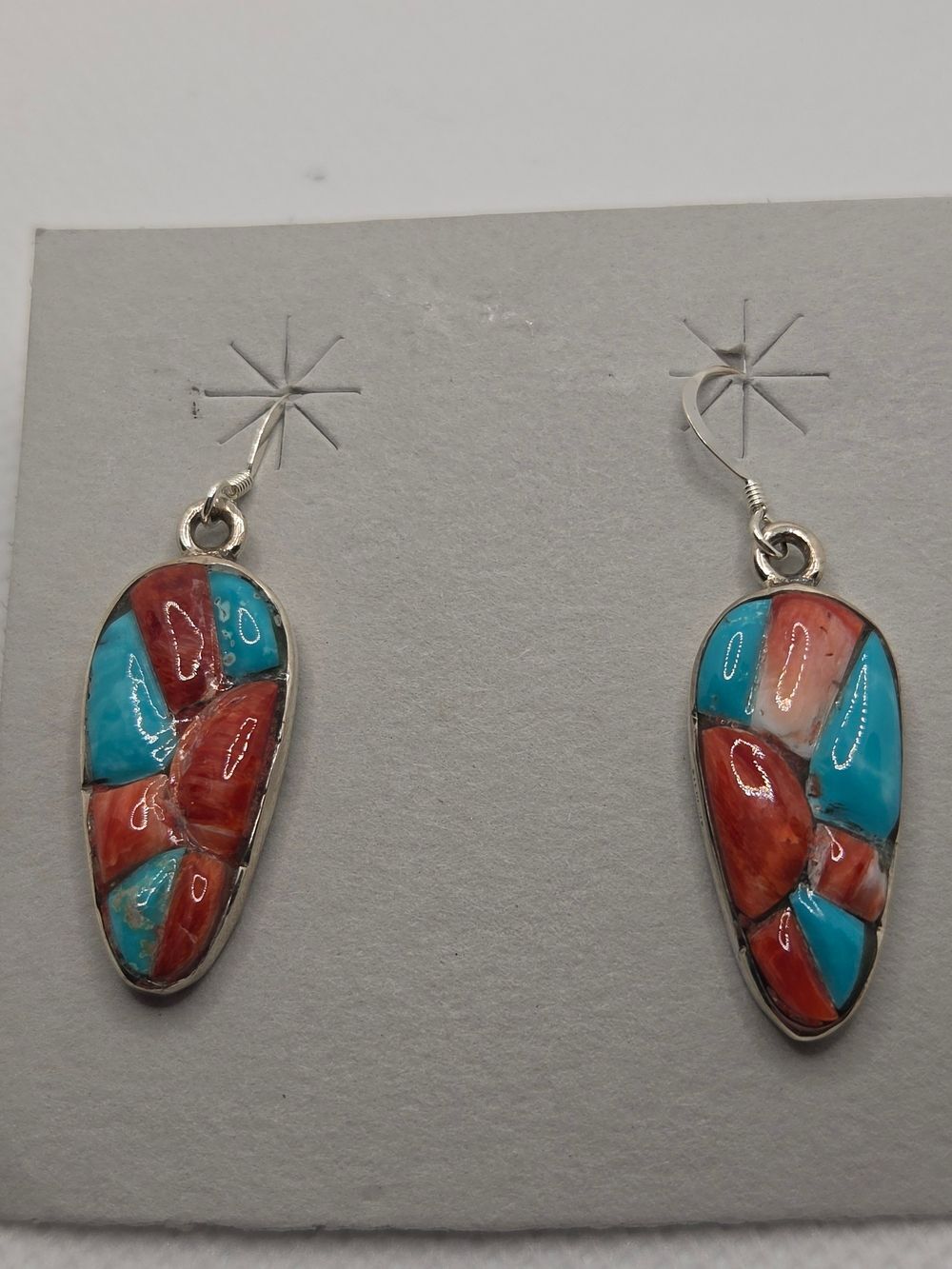 Southwest Turquoise & Coral Sunburst Silver Inlay Dangle Earrings